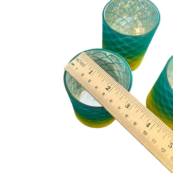 Three Mermaid 4” Votive Holders Cups New Graded Color Green Yellow Silver - Picture 3 of 7